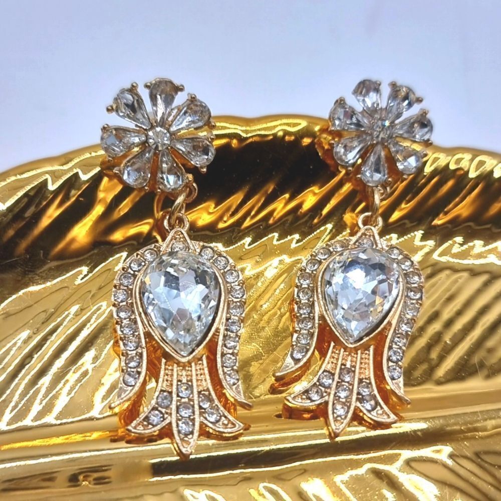 New! Art Deco Tulip dangle earrings With Crystal & Rhinestones | NWOT